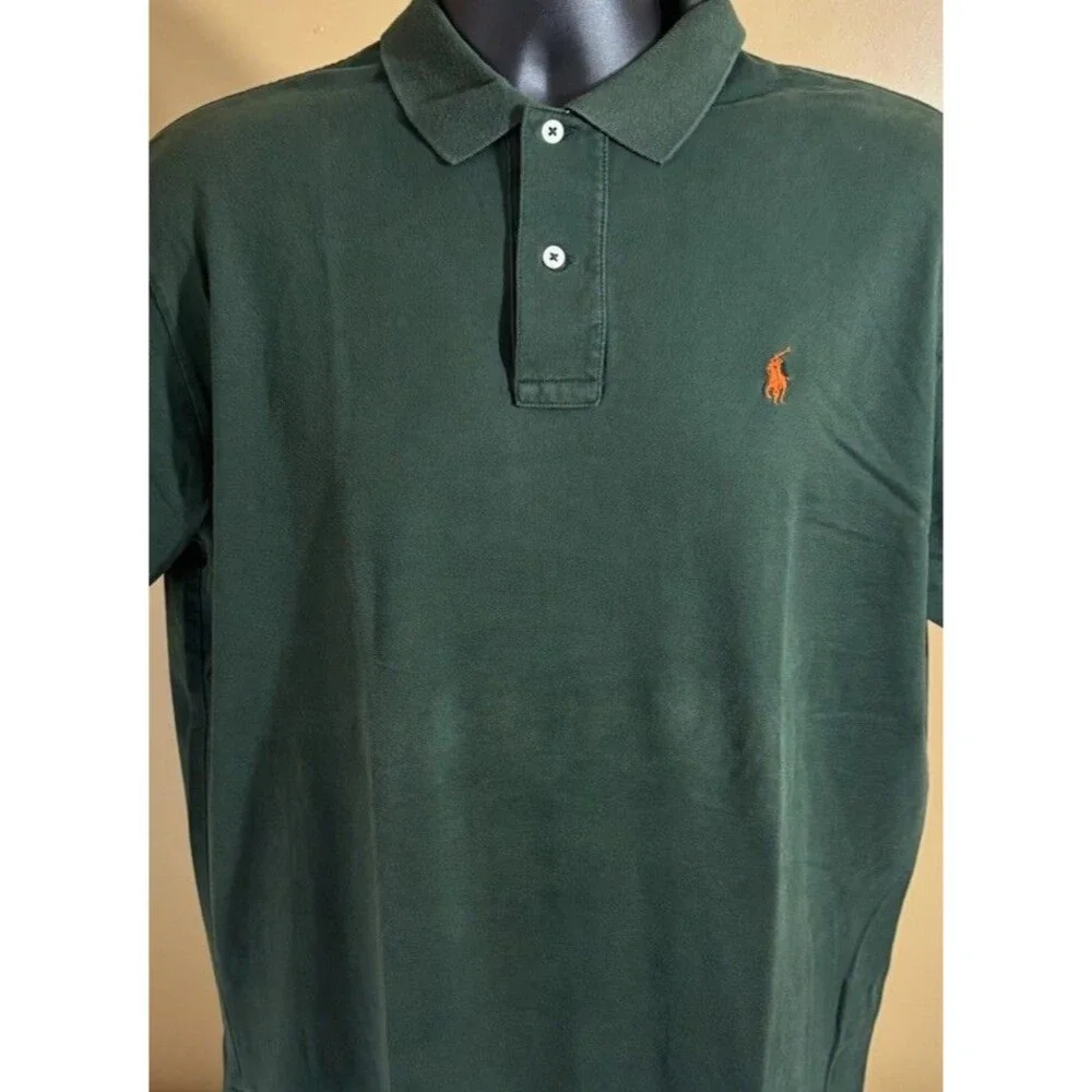 Ralph Lauren Green Orange Logo Polo Shirt 100% Cotton Mens Size M